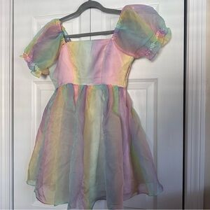 Rainbow Babydoll Puffy-sleeve Mini Dress